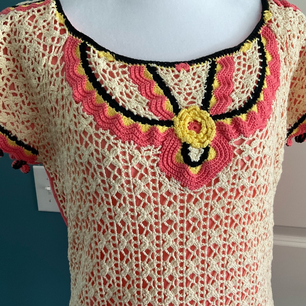 Gaby & Eden coral, cream bohemian crochet top, XL, very cute